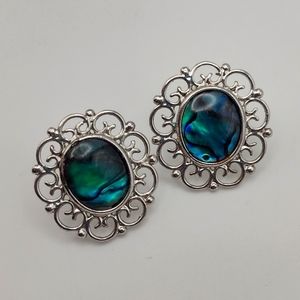 Small Elegant Abalone and Silver Tone Filigree Style Earrings